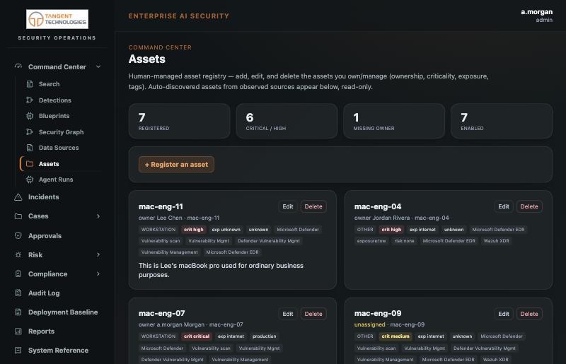 Managed asset registry with criticality, exposure, ownership and source provenance.