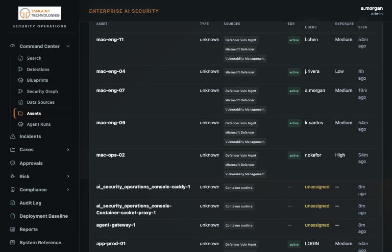 Observed assets table with EDR liveness and resolved owner per device.